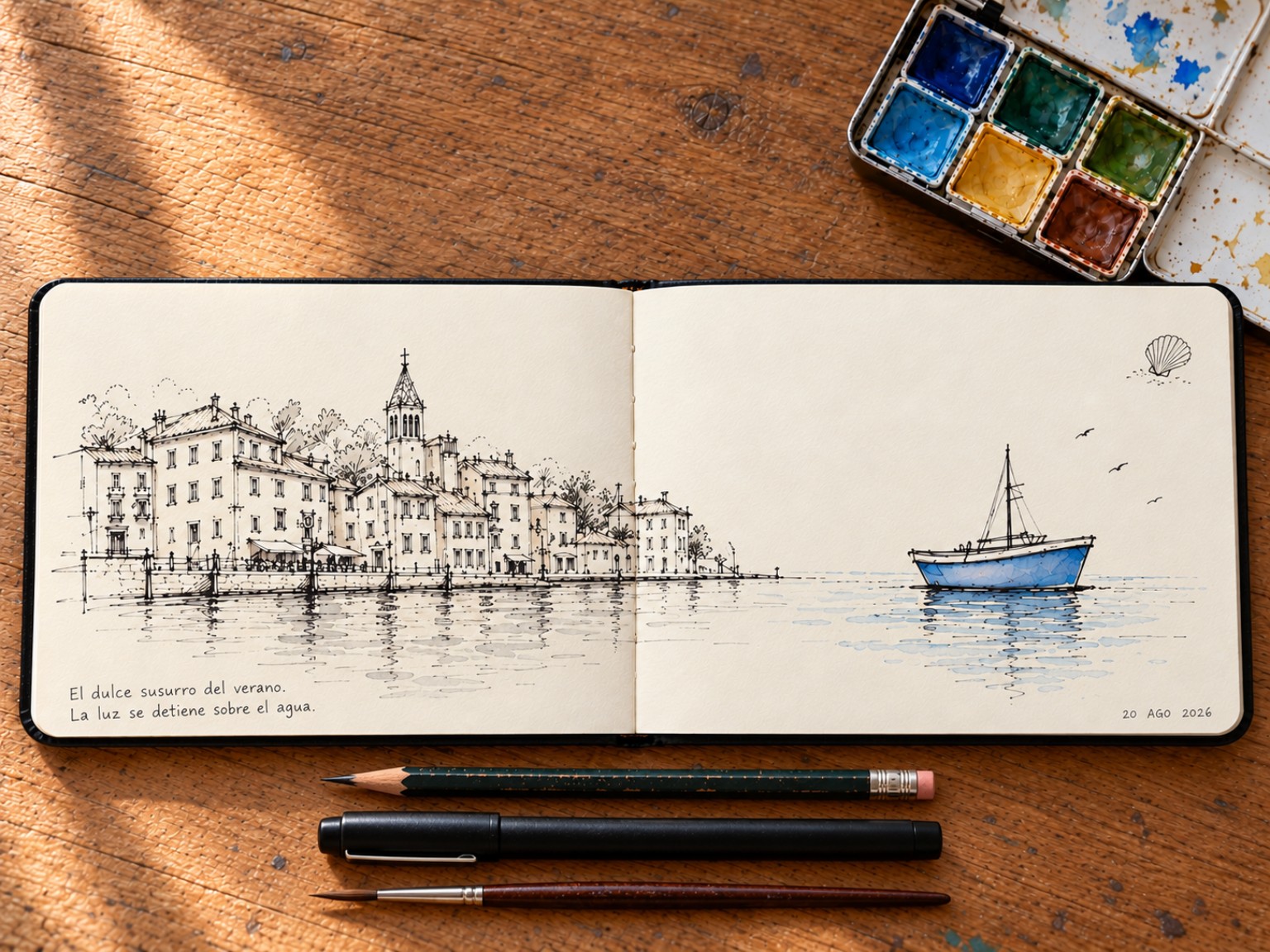 Cuaderno abierto con dibujo a tinta de una fachada marítima y un barco azul, acuarelas, lápiz, boli y pincel sobre una mesa de madera.
